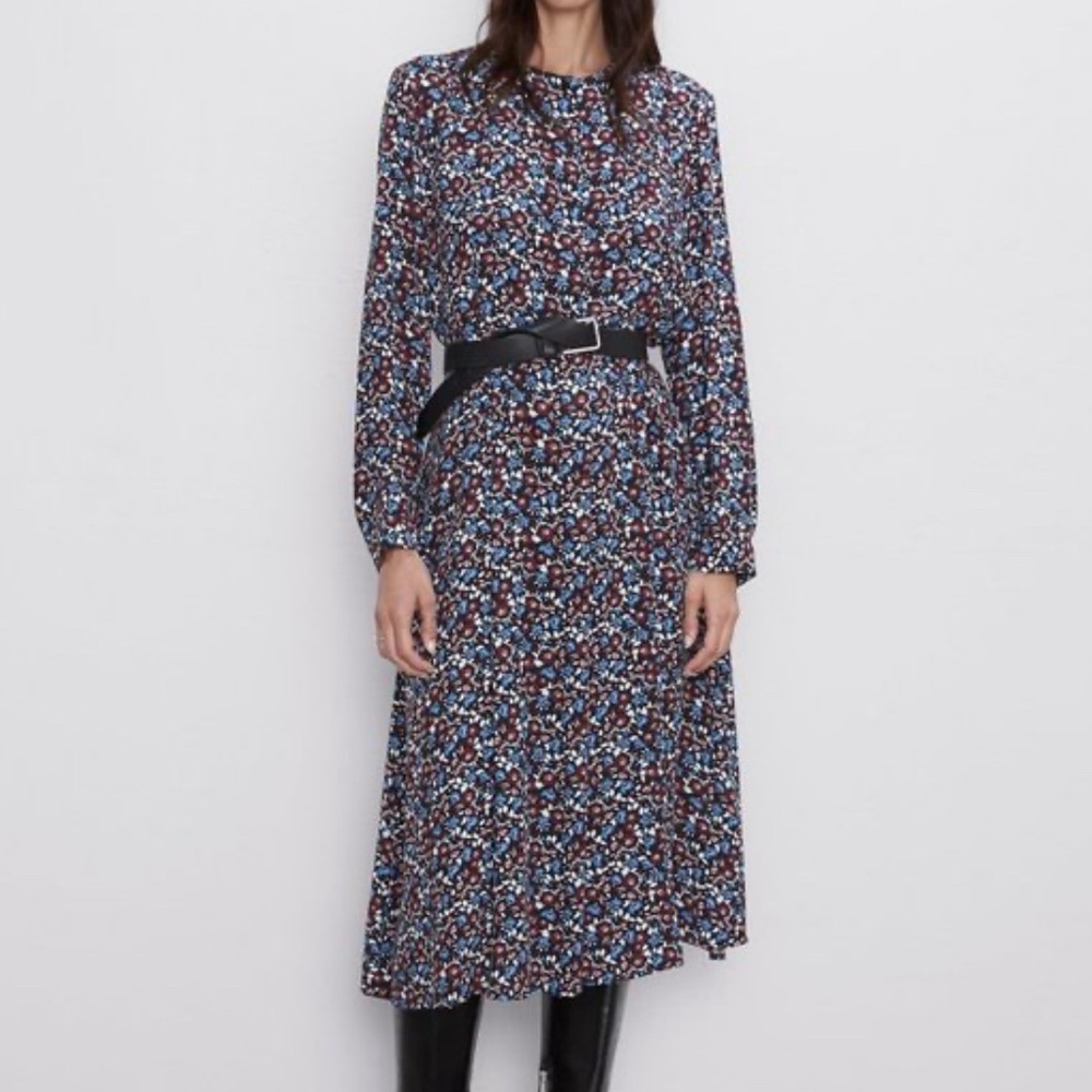 Zara Midi Dress Burgundy/Blue Floral Print Long Sleeve size 8/10